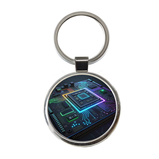 Futuristic Circuit Board Round Metal Keychain