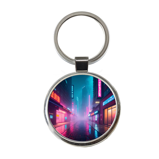Futuristic City Alley Night Glowing Signs Misty Round Metal Keychain