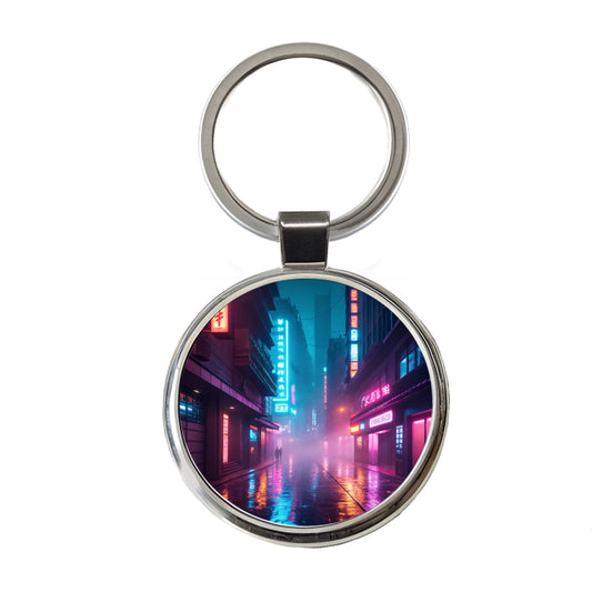 Futuristic City Alley Night Glowing Signs Round Metal Keychain