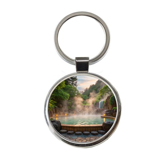 Geothermal Spa Waterfall Round Metal Keychain