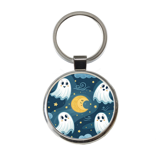 Ghosts Smiling Floating Night Sky Halloween Round Metal Keychain
