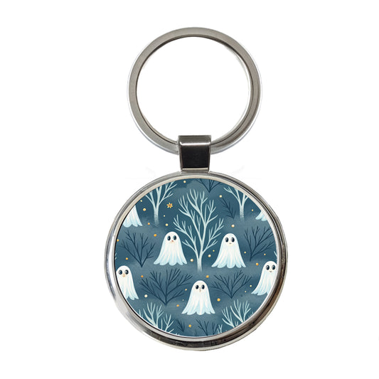 Ghosts Smiling Halloween Sparse Trees Round Metal Keychain