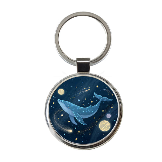 Giant Whale Floating In Space Stars Planets Round Metal Keychain