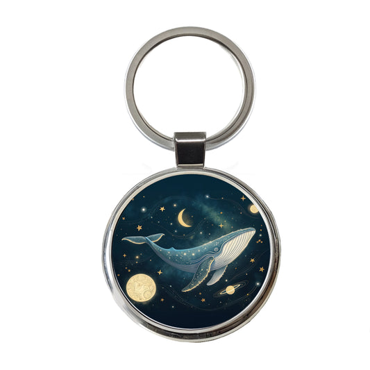 Giant Whale Floating In Space Round Metal Keychain
