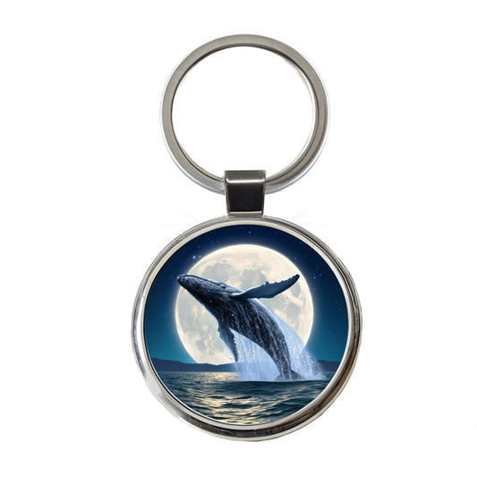 Giant Whale Leaping Over Ocean Moon Round Metal Keychain