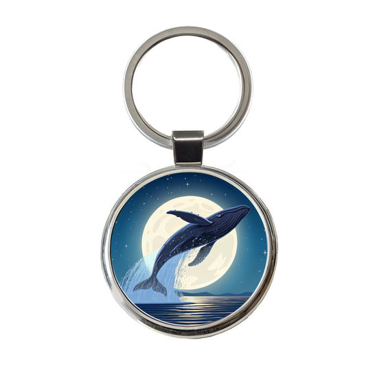 Giant Whale Leaping Over Ocean Night Round Metal Keychain