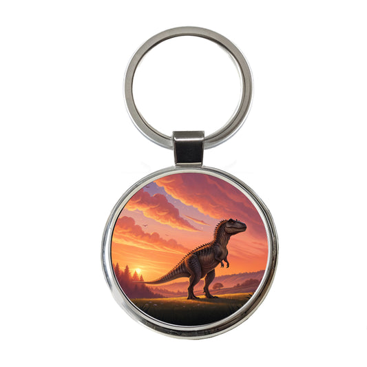 Giganotosaurus Standing Sunset Dinosaur Round Metal Keychain