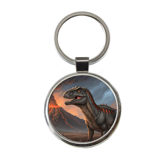 Giganotosaurus Volcano Erupting Dinosaur Round Metal Keychain