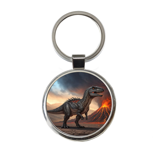 Giganotosaurus Volcano Lava Dinosaur Round Metal Keychain