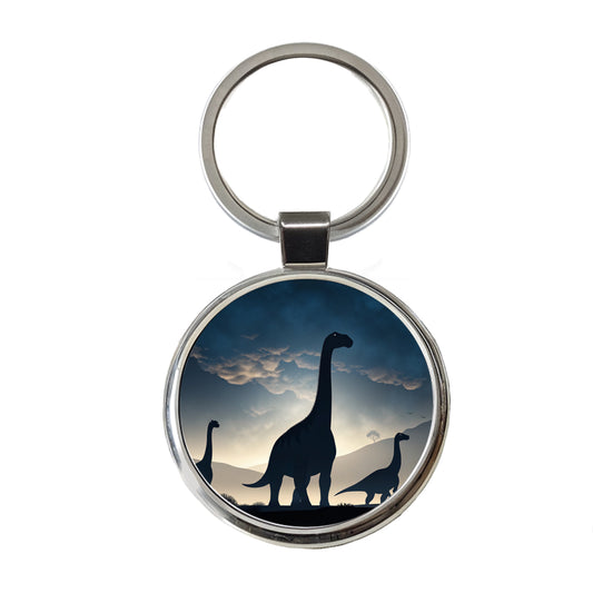 Gigantosaurus Sauropods Silhouettes Night Dinosaurs Round Metal Keychain