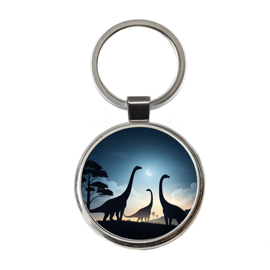 Gigantosaurus Silhouettes Moon Trees Dinosaurs Round Metal Keychain