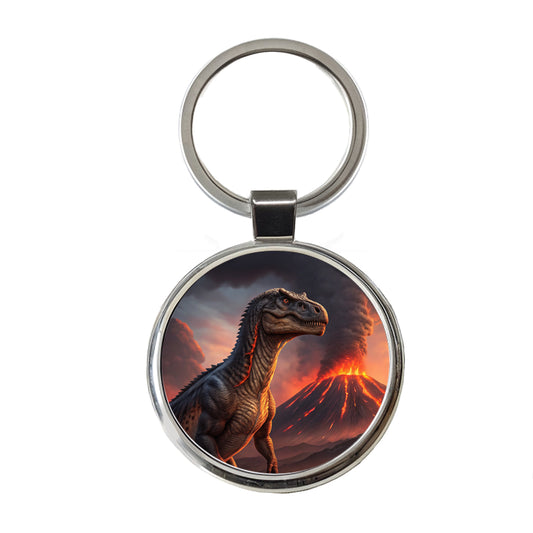Gigantosaurus Volcano Erupting Dinosaur Round Metal Keychain