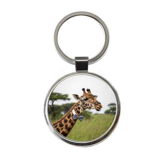 Giraffe Wearing Bow Tie Round Metal Keychain