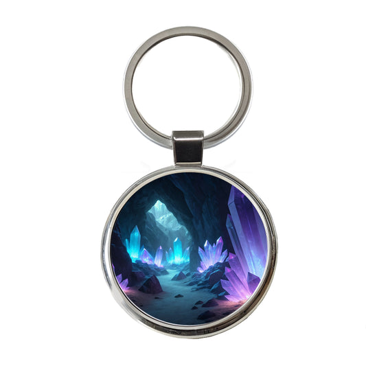 Glowing Crystals Dark Cavern Cool Hues Round Metal Keychain
