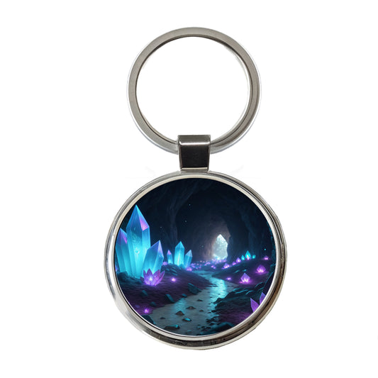 Glowing Crystals Dark Cavern Round Metal Keychain