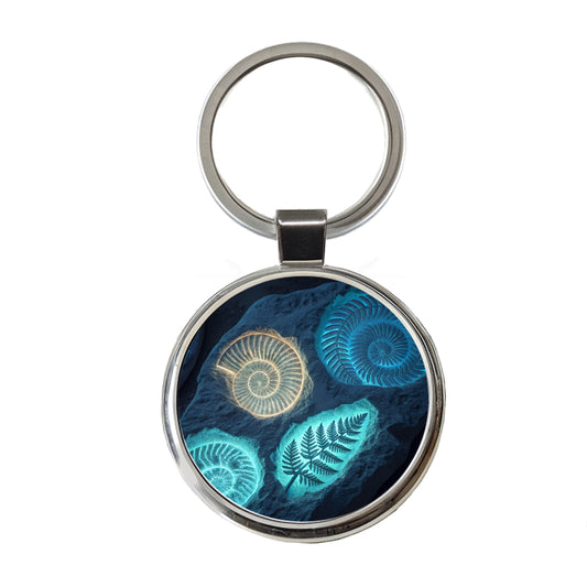 Glowing Holographic Style Fossil Imprints Round Metal Keychain