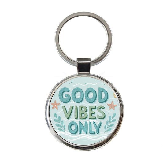 Good Vibes Only Sea Foam Ocean Beach Round Metal Keychain