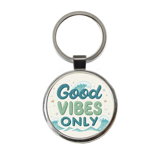 Good Vibes Only Sea Foam Ocean Waves Beach Round Metal Keychain