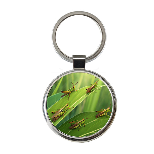 Grasshoppers On Leaves Round Metal Keychain