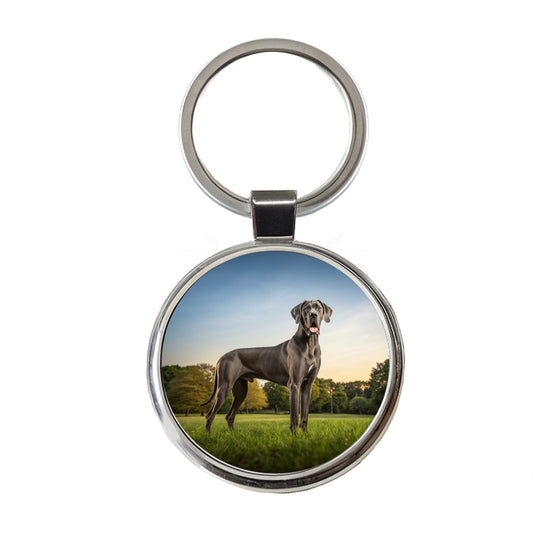 Great Dane In Grass Round Metal Keychain