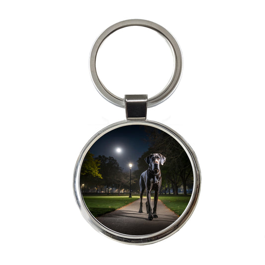 Great Dane In Park At Night Round Metal Keychain