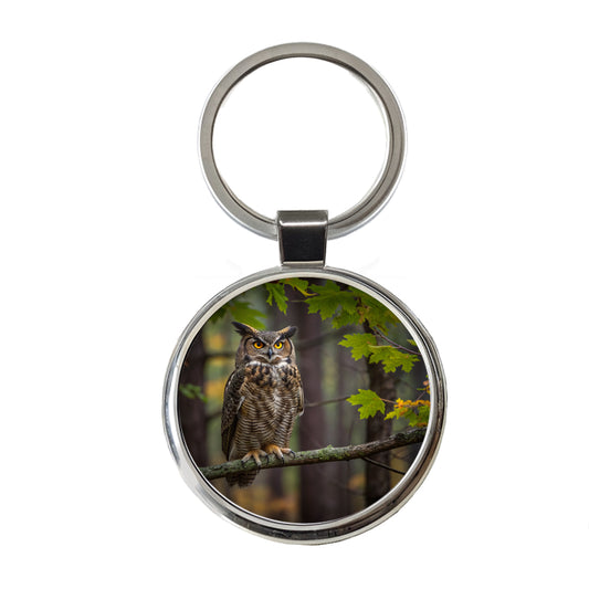 Great Horned Owl In Forest Round Metal Keychain