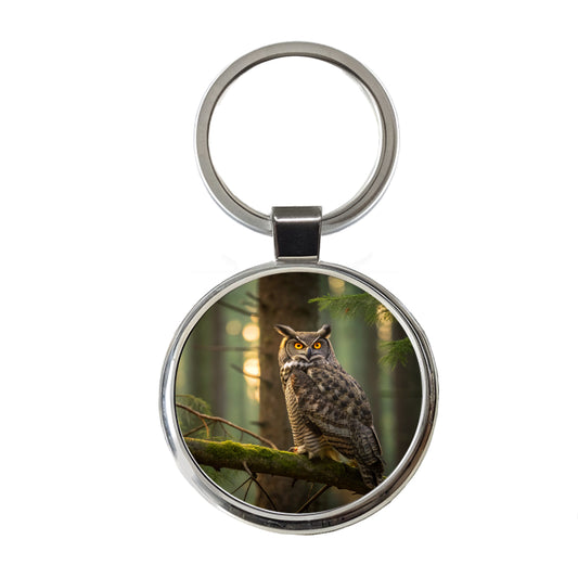 Great Horned Owl On Branch Round Metal Keychain