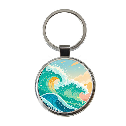 Groovy Ocean Waves Colorful Round Metal Keychain