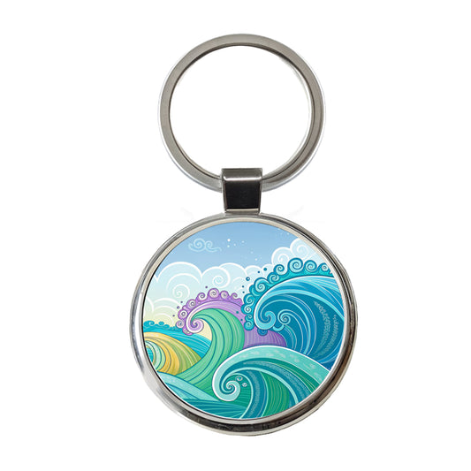 Groovy Ocean Waves Round Metal Keychain