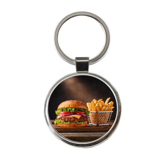 Hamburger And Fries Yummy Dinner Round Metal Keychain