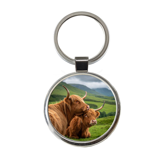 Highland Cows Hug Love Round Metal Keychain