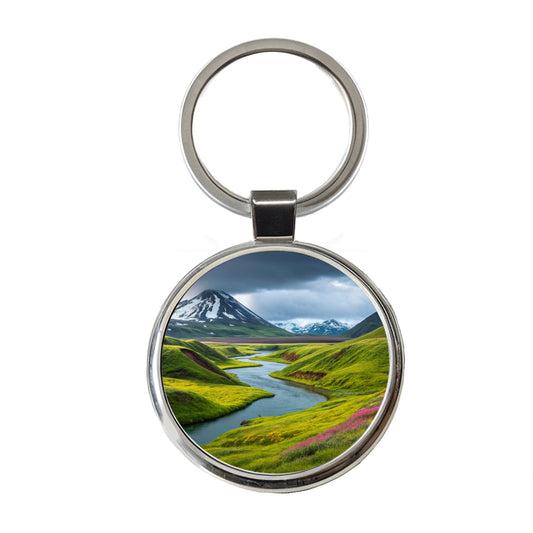 Iceland Beautiful Mountains Round Metal Keychain