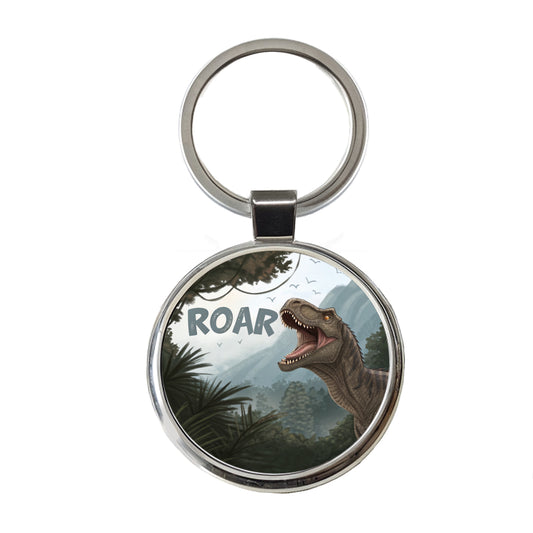 Iguanodon Roar Bold Text Dinosaur Round Metal Keychain