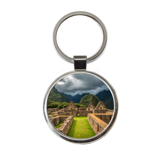 Incan Ruins Landmark Round Metal Keychain