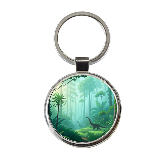 Jurassic Jungle Dinosaurs Round Metal Keychain