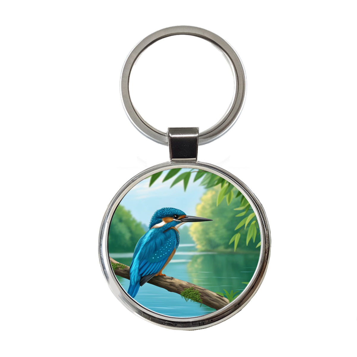 Kingfisher Bird On Branch Round Metal Keychain