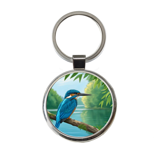 Kingfisher Bird On Branch Round Metal Keychain