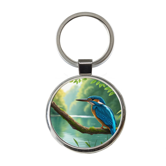 Kingfisher Blue Bird Round Metal Keychain