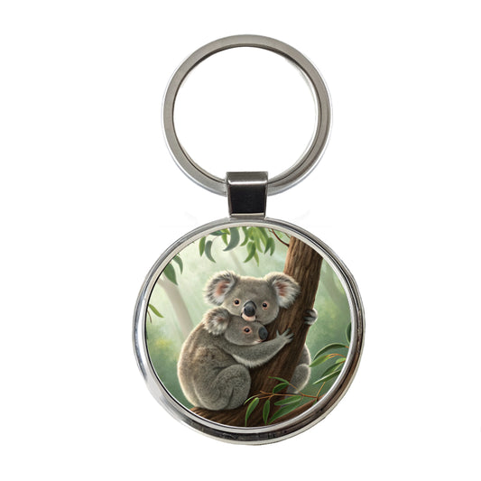 Koala Hug Mom Kid Round Metal Keychain