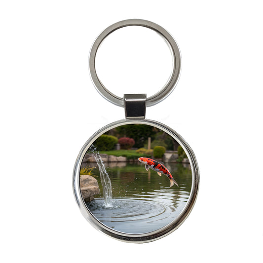 Koi Fish Jumping Out Of Pond Round Metal Keychain