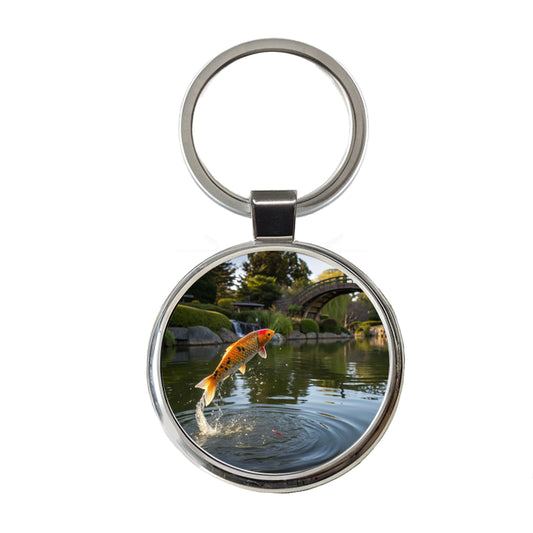 Koi Fish Jumping Round Metal Keychain
