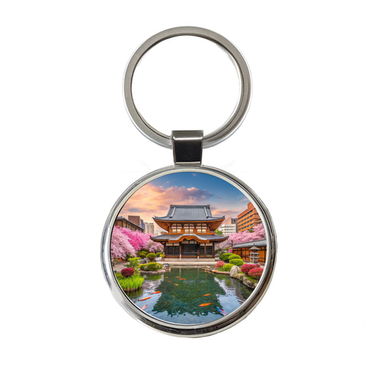 Kyoto Japan Koi Pond Round Metal Keychain