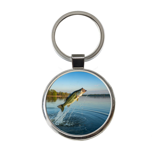 Largemouth Bass Fish Jumping Fishing Round Metal Keychain