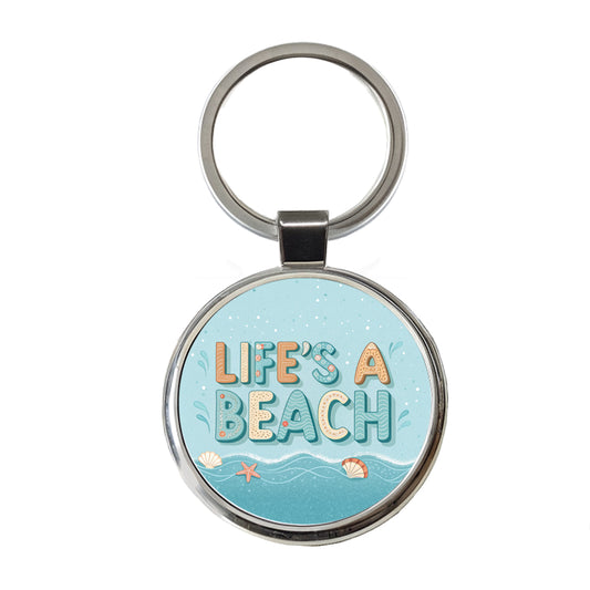 Life's A Beach Sea Foam Ocean Round Metal Keychain