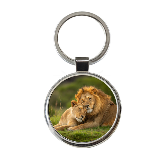 Lions Hugging Love Round Metal Keychain