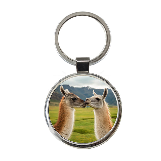 Llamas Kissing Love Round Metal Keychain