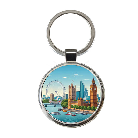 London England Drawing Travel Round Metal Keychain