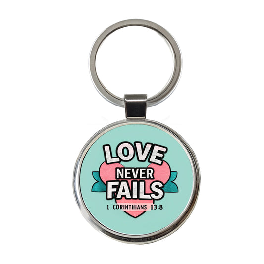 Love Never Fails Corinthians Bible Verse Round Metal Keychain