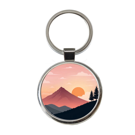 Lovely Mountain Sunset Round Metal Keychain
