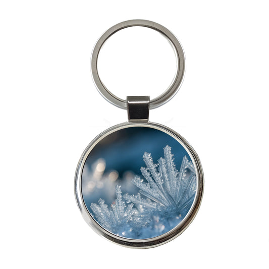 Macro View Icy Crystals Snow Flakes Round Metal Keychain